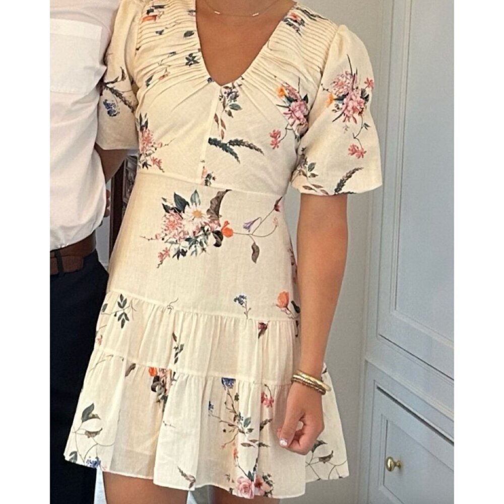 Anna Cate Sloan Dress Multi Floral Short Sleeve Linen Size XS